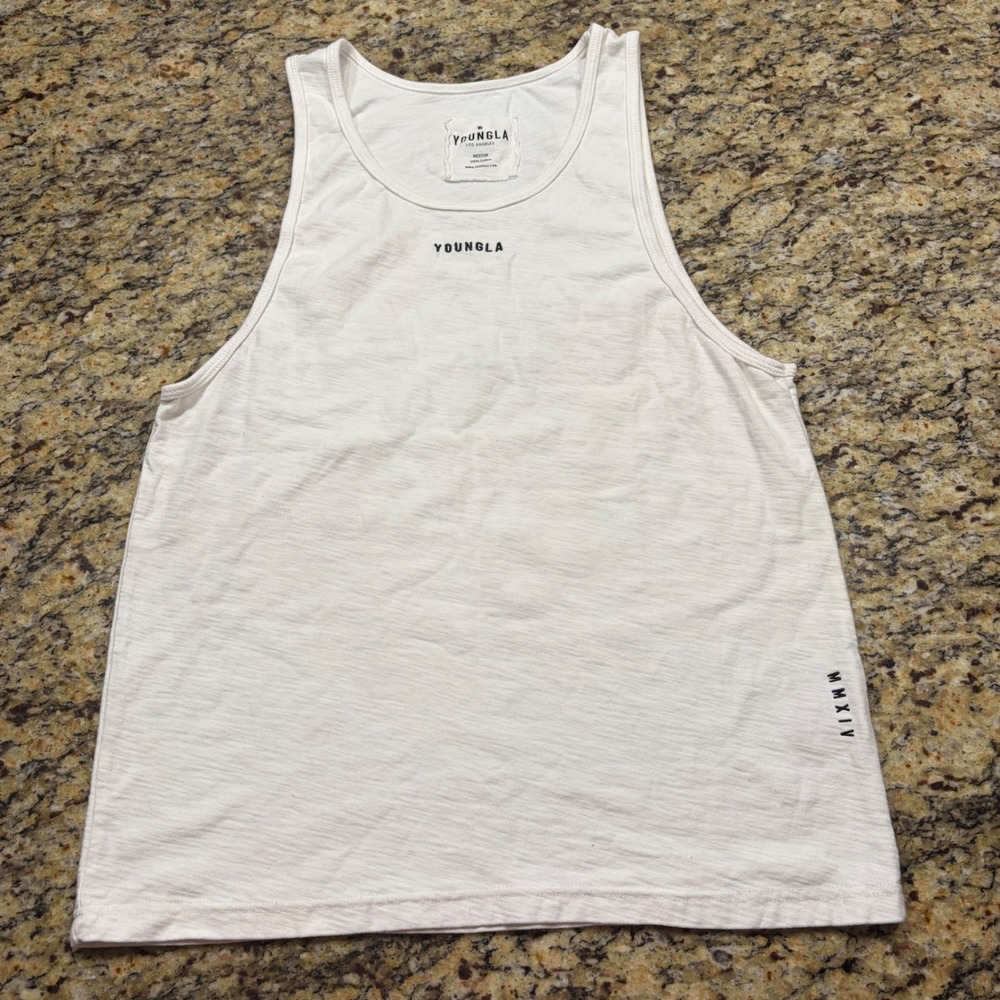 YOUNGLA Mens White Cotton Slub Tank Top MMXIV Logo Gym Shirt Medium ws
